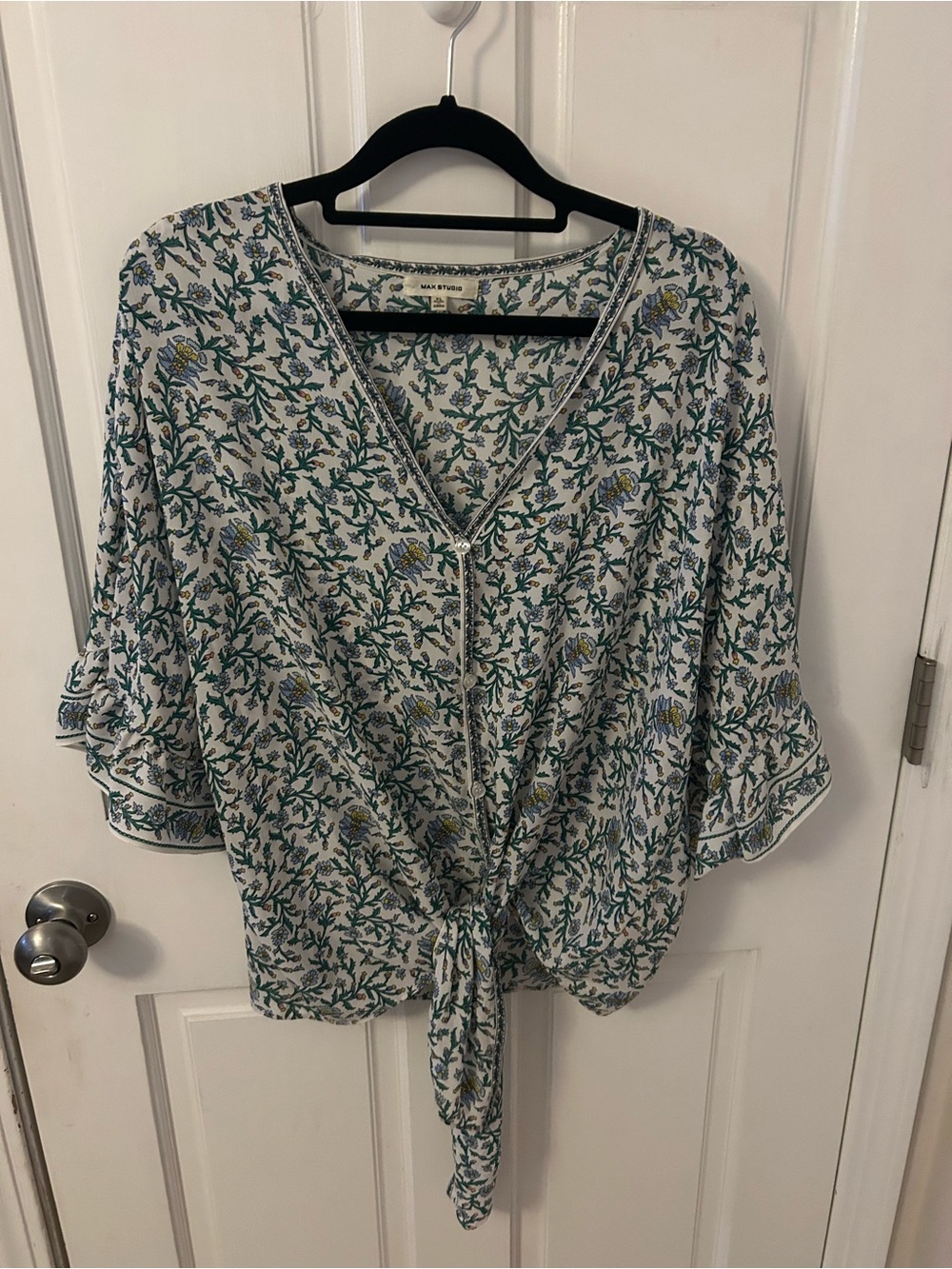 Max Studio White Floral Tie-Front Blouse with Green Print